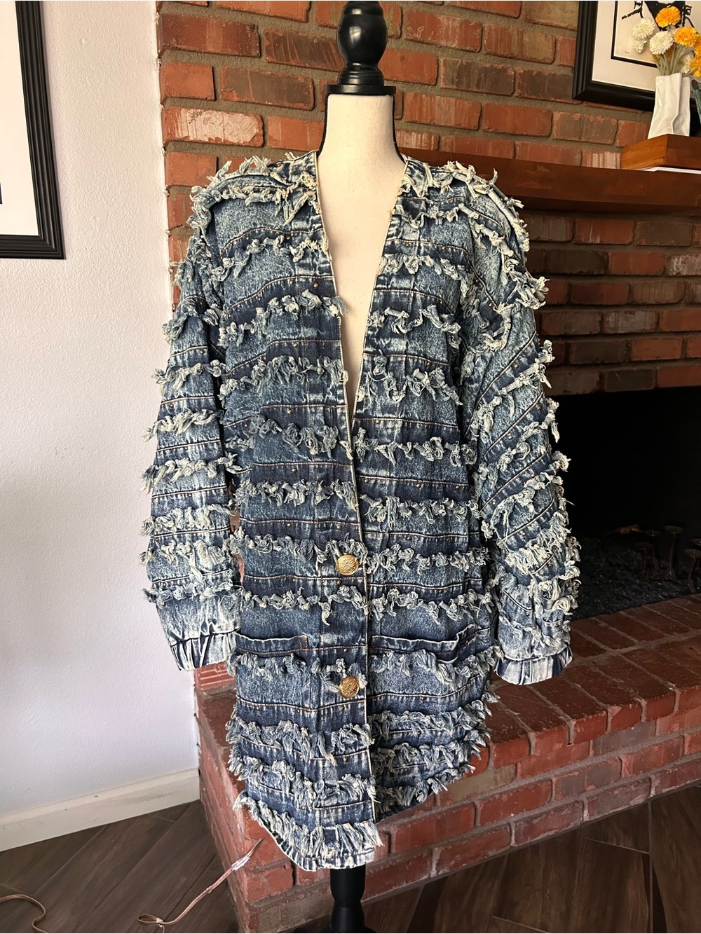 VTG Fringed Studded Denim Jacket in Indigo Blue One Size
